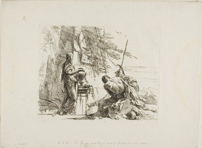Eine Frau mit den Händen auf einer Vase, Soldat und Sklave, aus Capricci von Giambattista Tiepolo