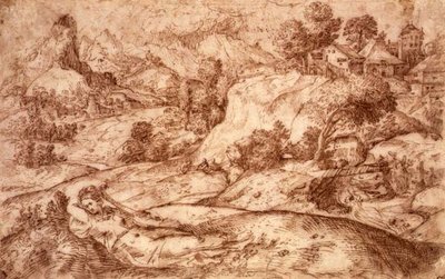 Gebirgige Landschaft mit einer liegenden weiblichen Figur von Gian Battista (attr. to) Angolo del Moro