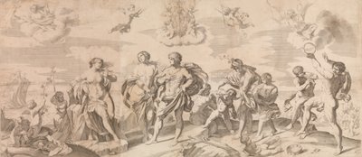Bacchus mit seinen Gefährten entdeckt Ariadne auf der Insel Naxos, nach Reni, 1650-80 von Gian Battista Bolognini