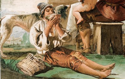 (Detail) Bauernfamilie am Tisch, aus dem Raum der ländlichen Szenen, in der Foresteria, 1757 von Giovanni Domenico Tiepolo