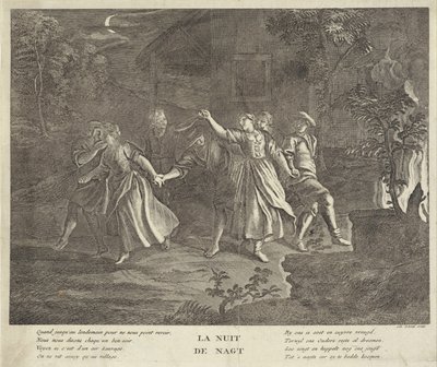 Nacht: Rundtanz von jungen Männern und Frauen von Gilbert Schoute