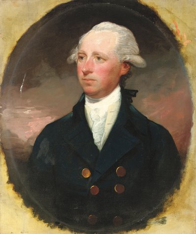 Porträt von Sir Thomas George Skipwith, Halbfigur, in einem blauen Mantel, vorgetäuschter Ovalrahmen von Gilbert Stuart