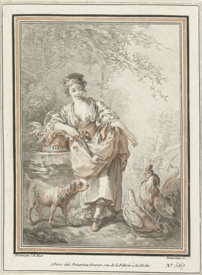 Junge Frau mit Hund und Hahn und Henne von Gilles Demarteau