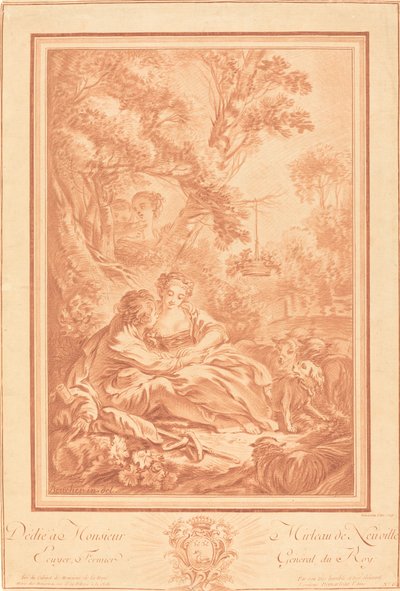 Zwei Liebende am Fuße eines großen Baumes, überrascht von zwei Mädchen von Gilles Demarteau, the Elder after François Boucher