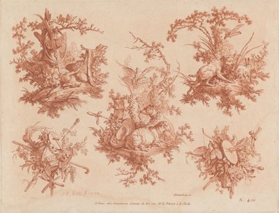 Fünf Trophäen mit Themen von Jagd, Liebe und Torheit von Gilles Demarteau, the Elder, and Jean Baptiste Hüet