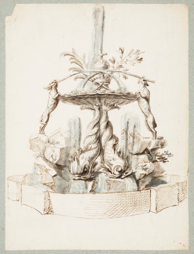 Entwurf für einen Brunnen, getragen von Delfinen und zwei Hunden von Gilles Marie Oppenord