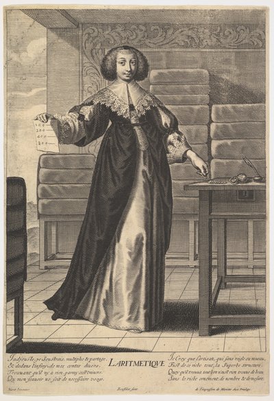 Arithmetik: eine junge Frau steht an einem Tisch und hält ein Blatt mit eingetragenen Zahlen, 1633-35 von Gilles Rousselet
