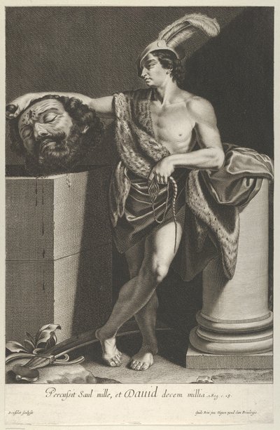 David steht mit gekreuzten Beinen und hält den Kopf von Goliath auf einem Sockel von Gilles Rousselet