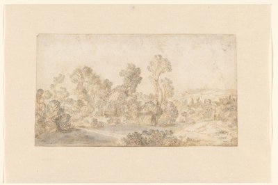 Hügelige Landschaft mit hohen Bäumen entlang eines Flusses von Gillis Claesz de Hondecoeter