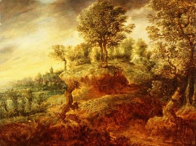 Waldlandschaft mit einem Wagen auf einem Pfad und einer Kirche im Hintergrund von Gillis Neyts