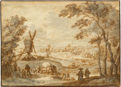 Landschaft mit Windmühlen vor einer Stadt, mit Spaziergängern und bedecktem Wagen im Vordergrund von Gillis Neyts