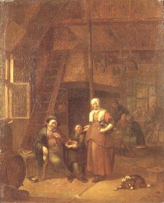 Das Innere eines Gasthauses mit einem Mann, der einer Bedienung bezahlt von Gillis de Winter