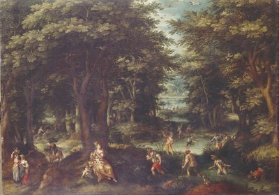 Landschaft mit Leto und Bauern von Lykien von Gillis van Coninxloo