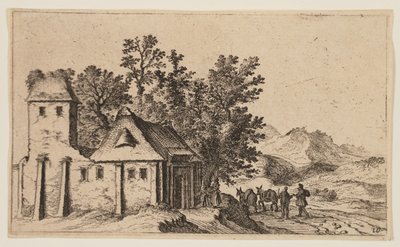 Bauernhof vor Bäumen in hügeliger Landschaft, aus Zwölf Landschaften von Gillis van Scheyndel