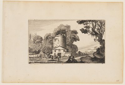 Pfad vor einem Bauernhof, dominiert von einem runden Turm, aus Zwölf Landschaften mit Figuren von Gillis van Scheyndel