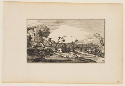 Pfad rechts vom Wasser; Römische Ruinen links, aus Zwölf Landschaften mit Figuren von Gillis van Scheyndel