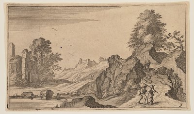 Fußgänger auf einem Pfad bei Felsen, Ruinen jenseits des Wassers links, aus Zwölf Landschaften von Gillis van Scheyndel