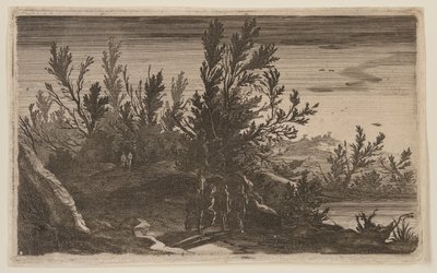 Reiter auf einem bewaldeten Pfad links vom Teich, aus Sechs Landschaften von Gillis van Scheyndel