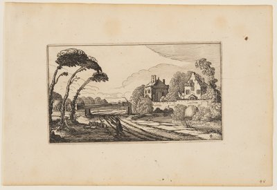 Straße links von einem wasserumgebenen und ummauerten Landhaus, aus Zwölf Landschaften mit Figuren von Gillis van Scheyndel