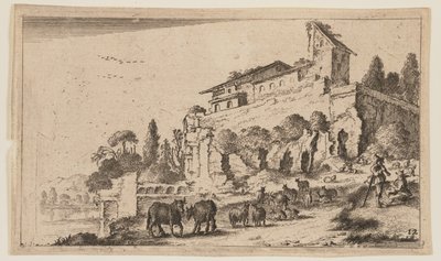 Villa mit Ruinen auf einem Hügel rechts des Flusses, aus Zwölf Landschaften von Gillis van Scheyndel