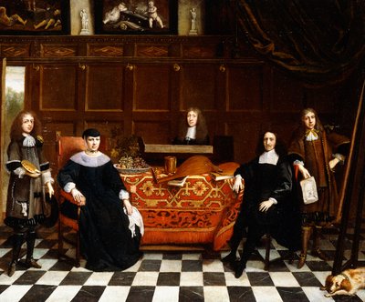 Ein Gruppenporträt einer Familie, die um einen mit einem Teppich bedeckten Tisch sitzt, ca. 1665-70 von Gillis van Tilborgh