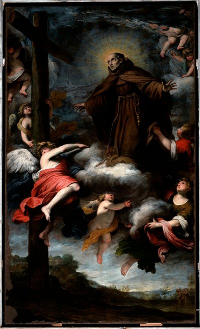 Darstellung von Saint Louis von Anjou, der das Kreuz verehrt von Gio Bernardo Carbone