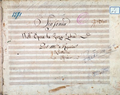 Erste Seite der Partitur der Symphonie in La gazza ladra (Die diebische Elster) von Gioacchino Rossini von Gioachino Rossini