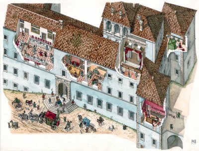 Barockkunst: Ansicht und architektonischer Schnitt des Palastes Chigi in Ariccia, Lazio, im 17. Jahrhundert. Das Innere der Familienräume und die Abhängigkeiten der Diener sind sichtbar. Italien von Giorgio Albertini