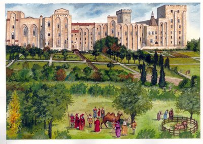 Mittelalter: Blick auf den Papstpalast in Avignon, als er Residenz der Päpste war. Im Garten spazieren Mitglieder der Kurie, um exotische Tiere zu bewundern (Kamel, Löwen) 14. Jahrhundert. von Giorgio Albertini