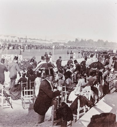 Zuschauer auf der Rennbahn im Cascine Park: General Pralormo, Neri Corsini, Alberto Rignano, Gennaro Placci, die Gräfin Maud Ricci, Gräfin von Perkenstein von Giorgio Enrico (attr.to) Levi