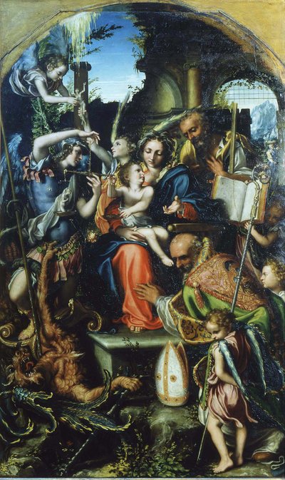 Heilige Familie mit Erzengel Michael und dem Teufel, der um Seelen kämpft, Heiliger Bernhard und von Giorgio Gandini del Grano