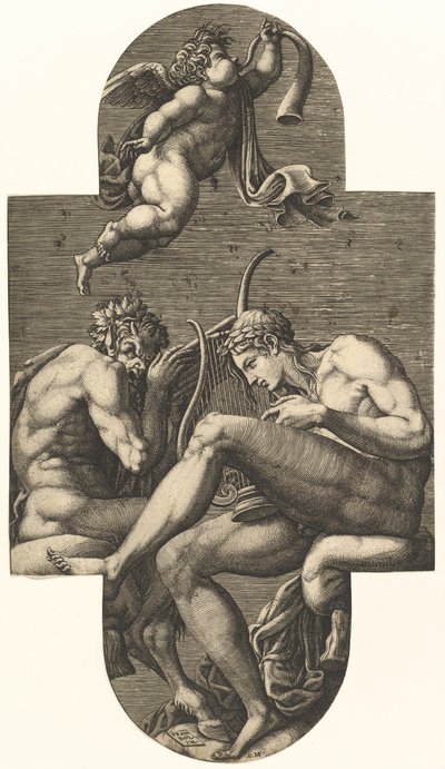 Apollo, Pan und ein Putto, der ein Horn bläst, aus einer Serie von acht Kompositionen nach Frankreich von Giorgio Ghisi