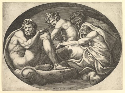 Herkules, Bacchus, Pan und Saturn, aus einer Serie von acht Kompositionen nach Francesco P. von Giorgio Ghisi