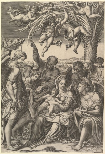 Ruhe auf der Flucht nach Ägypten, die Heilige Familie unter einer Palme, umgeben von Engeln, put..., 1578 von Giorgio Ghisi