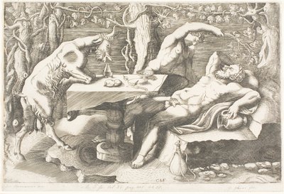 Satyr versucht Silenus mit einer Weinrebe zu wecken von Giorgio Ghisi