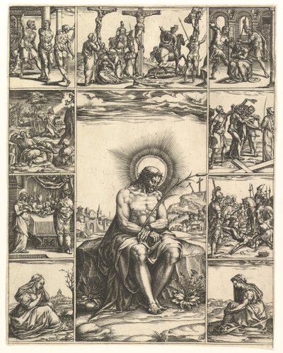 Der Schmerzensmann, ein Bild von Christus umgeben von neun Vignetten, die Szenen darstellen, um 1575 von Giorgio Ghisi