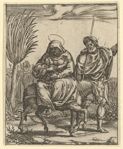 Die Jungfrau der Schmerzen: Die Flucht nach Ägypten, eines von neun umliegenden Fächern, vor 1575 von Giorgio Ghisi