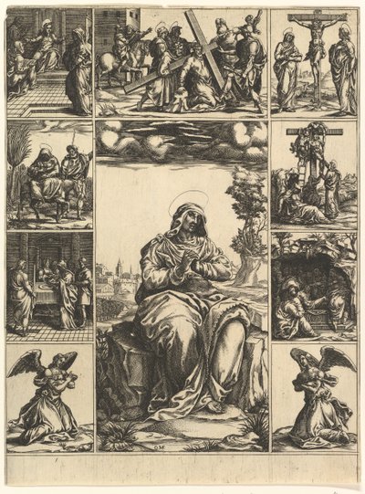 Die Schmerzensmutter, ein Bild der Jungfrau Maria umgeben von neun Vignetten, ca. 1575 von Giorgio Ghisi
