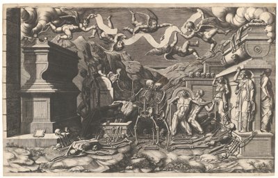 Die Vision von Ezechiel, eine Gruppe von Leichen und Skeletten, die aus Gräbern auftauchen, über ihnen, 1554 von Giorgio Ghisi