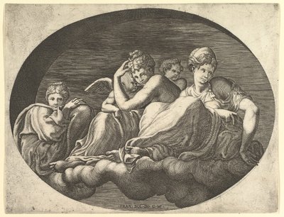 Venus und Amor, zwei andere Göttinnen und ein Putto, aus einer Serie von acht Kompositionen von Giorgio Ghisi