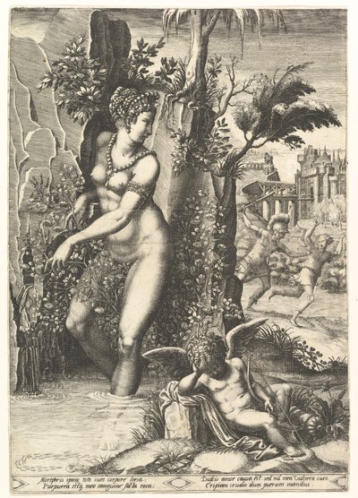 Venus von den Dornen eines Rosenstrauchs gestochen, im Hintergrund Mars, der Adonis jagt, 1556 von Giorgio Ghisi
