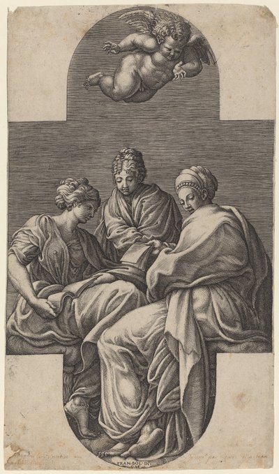 Drei Musen und ein gestikulierender Putto von Giorgio Ghisi after Francesco Primaticcio