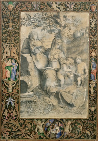 Rand eines illuminierten Manuskripts, das eine Zeichnung nach Raphaels Die Heilige Familie unter der Eiche umgibt (zugeschrieben Clovio) von Giorgio Giulio Clovio