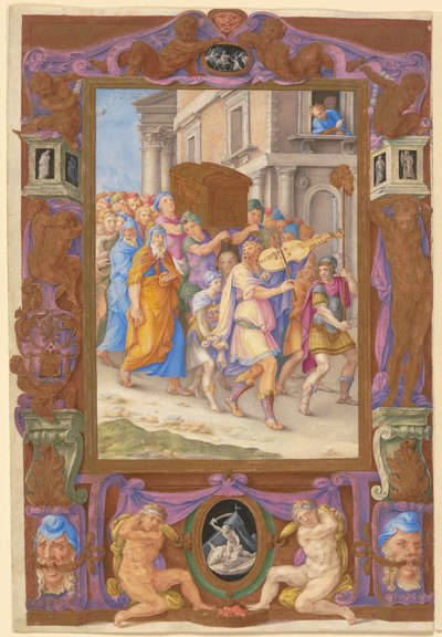 König David tanzt vor der Bundeslade, in einem dekorativen Rahmen, ca. 1540 von Giorgio Giulio Clovio