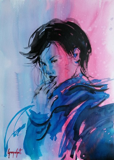 Dynamisches Pink Blau Porträt von Giorgio Gosti