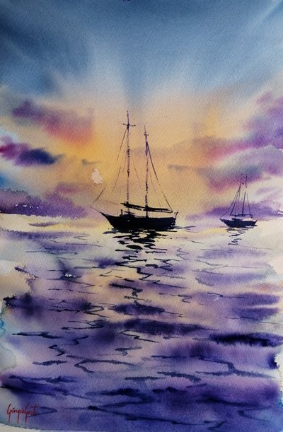 Lila Sonnenuntergang Segelboote von Giorgio Gosti