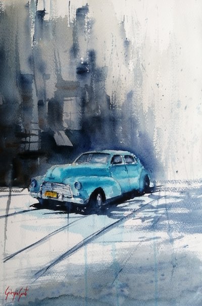 Türkises klassisches Auto auf der Straße von Giorgio Gosti