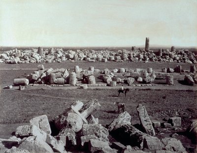 Panorama der Überreste des Tempels der Minerva und des Tempels des Apollo in Selinunte. Ein Mann zu Pferd befindet sich unter den Ruinen der archäologischen Stätte von Giorgio Sommer