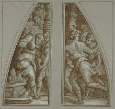 "Bärtiger Mann, der ein Glas füllt" und "Jugend, die rennt" von Giorgio Vasari