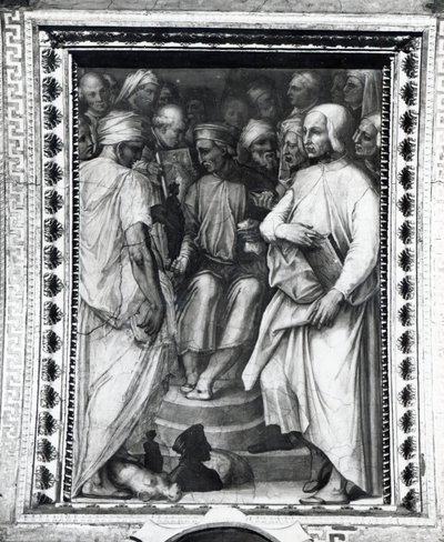 Cosimo de Medici sitzt unter Philosophen und Künstlern in der Sala di Cosimo il Vecchio von Giorgio Vasari